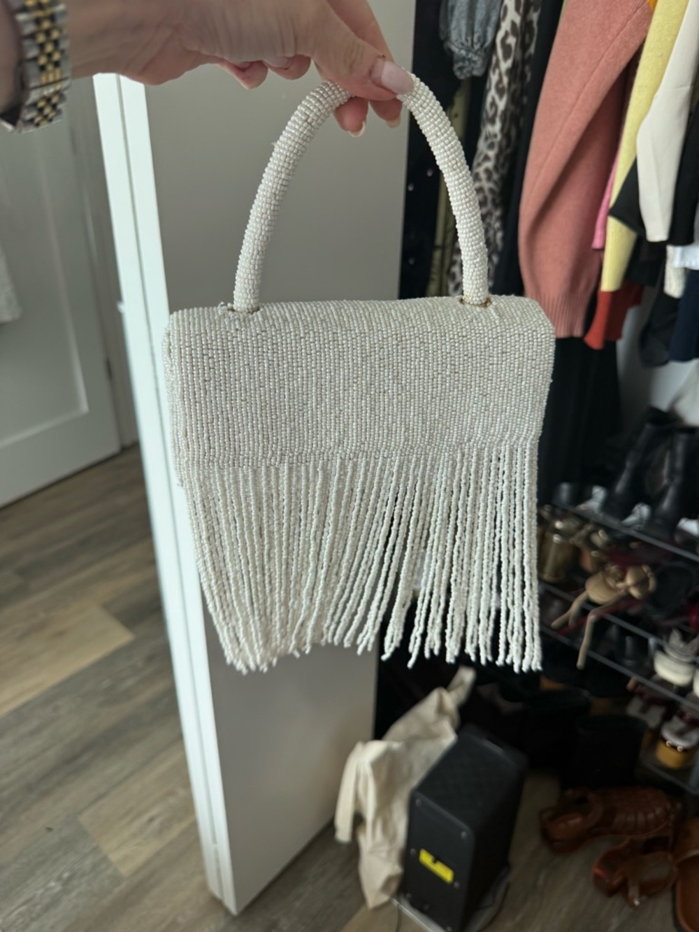 Anthropologie Beaded Fringe Top-Handle Bag in Ivory